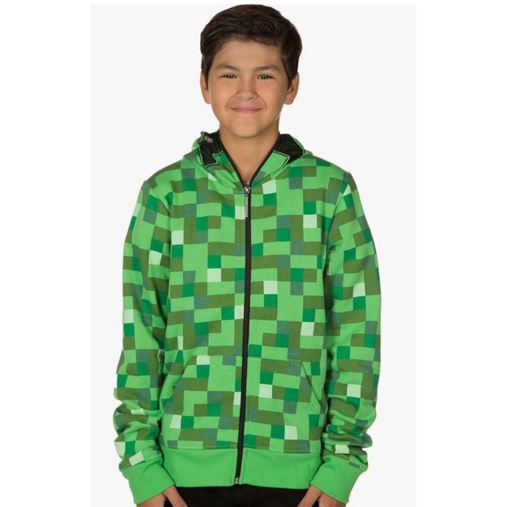 Jinx Minecraft Boys' Green Creeper Block Zip-Up Hoodie with Mask, S - Picture 3 of 11